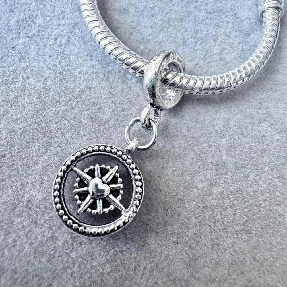 Compass Always Follow Your Heart Blue Crystal Dangle Charm fits PANDORA